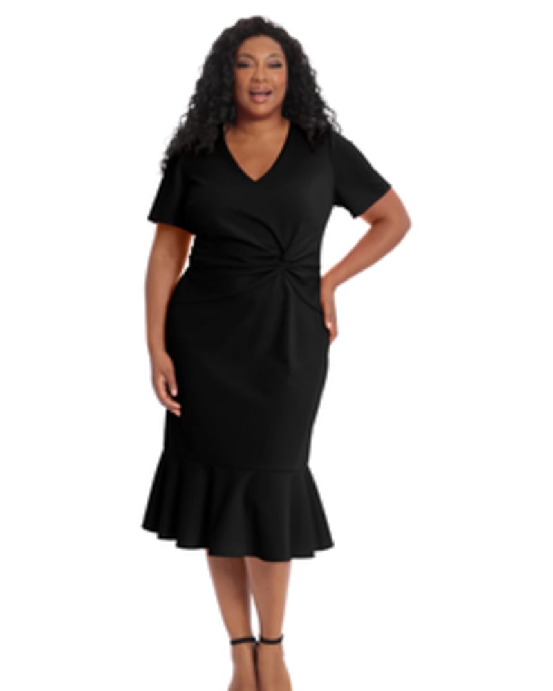 Front of a model wearing a size 14 Erica V-Neck Midi Dress in BLACK by London Times. | dia_product_style_image_id:254916